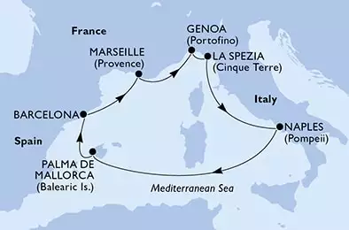 MSC BELLISSIMA - itinerár  7 nocí odchod z Genoa, Italy dňa 20/02/2023 - Genoa,La Spezia,Naples,Palma de Mallorca,Barcelona,Marseille,Genoa