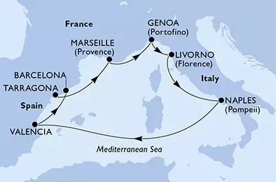 MSC BELLISSIMA - itinerár  7 nocí odchod z Tarragona, Spain dňa 23/10/2022 - Spain,France,Italy
