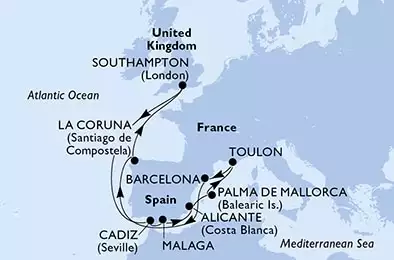 Southampton,Cadiz,Malaga,Alicante,Palma de Mallorca,Toulon,Barcelona,La Coruna,Southampton