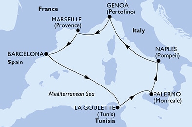 Genoa,Marseille,Barcelona,La Goulette,Palermo,Naples,Genoa