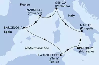 Naples,Genoa,Marseille,Barcelona,La Goulette,Palermo,Naples