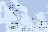Valletta,Santorini,Mykonos,Mykonos,Civitavecchia,Siracusa,Valletta