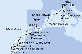 Civitavecchia,Genoa,Barcelona,Casablanca,Santa Cruz de Tenerife,Arrecife de Lanzarote,Malaga