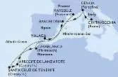 Civitavecchia,Genoa,Barcelona,Casablanca,Santa Cruz de Tenerife,Arrecife de Lanzarote,Malaga,Marseille