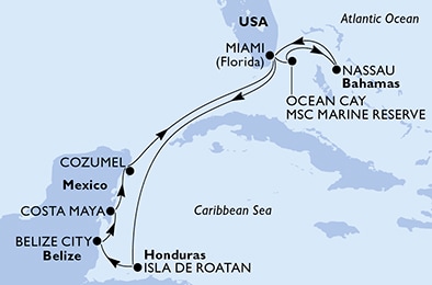 Miami,Isla de Roatan,Belize City,Costa Maya,Cozumel,Miami,Ocean Cay,Nassau,Miami