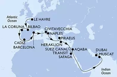 Le Havre,Bilbao,La Coruna,Cadiz,Barcelona,Civitavecchia,Naples,Piraeus,Heraklion,Suez Canal North,Suez Canal South,Safaga,Aqaba,Muscat,Dubai