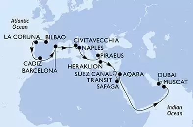 Bilbao,La Coruna,Cadiz,Barcelona,Civitavecchia,Naples,Piraeus,Heraklion,Suez Canal North,Suez Canal South,Safaga,Aqaba,Muscat,Dubai