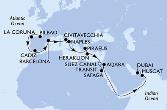 Bilbao,La Coruna,Cadiz,Barcelona,Civitavecchia,Naples,Piraeus,Heraklion,Suez Canal North,Suez Canal South,Safaga,Aqaba,Muscat,Dubai