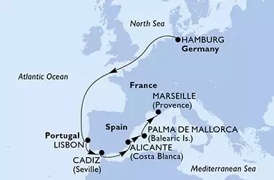 Hamburg,Lisbon,Cadiz,Alicante,Palma de Mallorca,Marseille