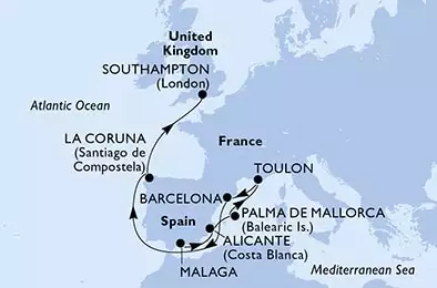 Malaga,Alicante,Palma de Mallorca,Toulon,Barcelona,La Coruna,Southampton