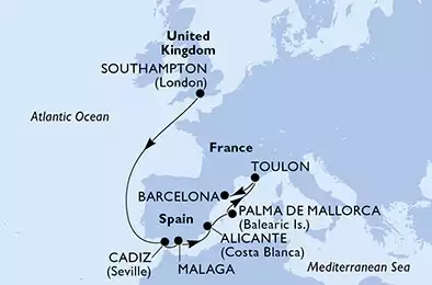 Southampton,Cadiz,Malaga,Alicante,Palma de Mallorca,Toulon,Barcelona