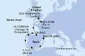 Southampton,Le Havre,Bilbao,La Coruna,Cadiz,Barcelona