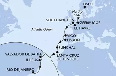 Oslo,Zeebrugge,Le Havre,Southampton,Vigo,Lisbon,Funchal,Santa Cruz de Tenerife,Salvador,Ilheus,Rio de Janeiro