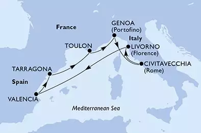 Civitavecchia,Livorno,Valencia,Tarragona,Toulon,Genoa,Civitavecchia