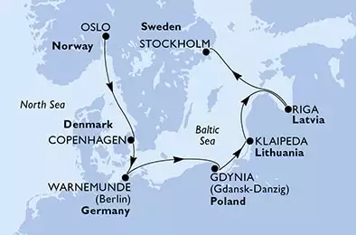 Oslo,Copenhagen,Warnemunde,Gdynia,Klaipeda,Riga,Stockholm