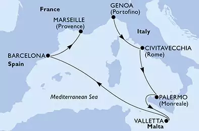 Genoa,Civitavecchia,Palermo,Valletta,Barcelona,Marseille