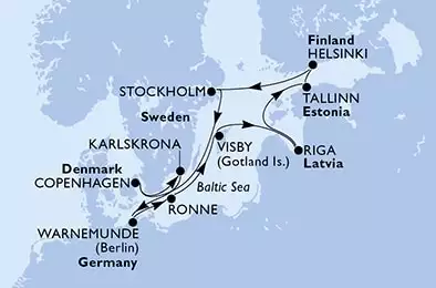 Warnemunde,Ronne,Visby,Riga,Tallinn,Helsinki,Stockholm,Copenhagen,Karlskrona,Warnemunde