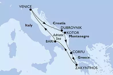 Bari,Venice,Dubrovnik,Kotor,Corfu,Zakynthos,Bari