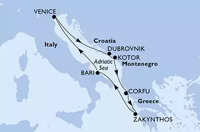 MSC ARMONIA - itinerár  7 nocí odchod z Bari, Italy dňa 15/09/2024 - Bari,Venice,Dubrovnik,Kotor,Corfu,Zakynthos,Bari