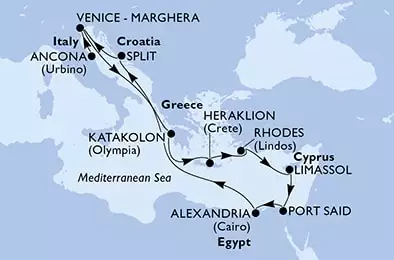 Ancona,Venice,Katakolon,Heraklion,Rhodes,Limassol,Port Said,Alexandria,Split,Venice