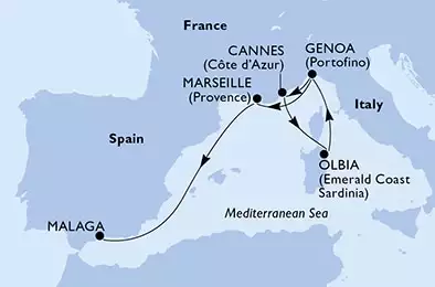 Genoa,Cannes,Olbia,Genoa,Marseille,Malaga