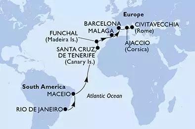 MSC ARMONIA - itinerár  17 nocí odchod z Rio de Janeiro, Brazil dňa 18/03/2024 - Rio de Janeiro,Rio de Janeiro,Maceio,Santa Cruz de Tenerife,Funchal,Malaga,Barcelona,Ajaccio,Civitavecchia