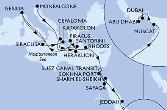 Monfalcone,Cefalonia,Heraklion,Santorini,Genoa,Siracusa,Katakolon,Piraeus,Rhodes,Suez Canal North,Suez Canal South,Sharm El-Sheikh,Safaga,Sokhna Port,Jeddah,Muscat,Abu Dhabi,Dubai