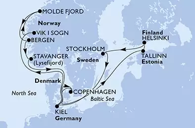 Copenhagen,Tallinn,Helsinki,Stockholm,Kiel,Vik i Sogn,Molde Fjord,Bergen,Stavanger,Kiel,Copenhagen