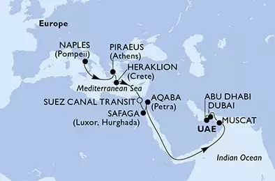 Naples,Piraeus,Heraklion,Suez Canal North,Suez Canal South,Safaga,Aqaba,Muscat,Dubai,Abu Dhabi