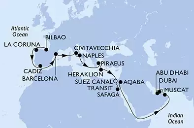Bilbao,La Coruna,Cadiz,Barcelona,Civitavecchia,Naples,Piraeus,Heraklion,Suez Canal North,Suez Canal South,Safaga,Aqaba,Muscat,Dubai,Abu Dhabi