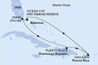 MSC WORLD AMERICA - itinerár  7 nocí odchod z Miami, United States dňa 24/05/2025 - Miami,Puerto Plata,San Juan,Ocean Cay,Miami