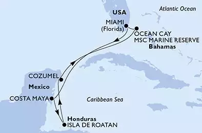 MSC WORLD AMERICA - itinerár  7 nocí odchod z Miami, United States dňa 03/05/2025 - Miami,Costa Maya,Isla de Roatan,Cozumel,Ocean Cay,Miami
