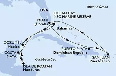 Miami,Puerto Plata,San Juan,Ocean Cay,Miami,Costa Maya,Isla de Roatan,Cozumel,Ocean Cay,Miami