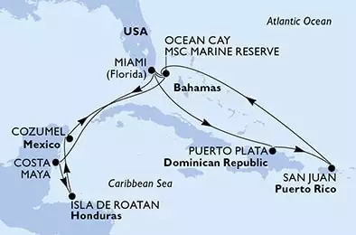 Miami,Costa Maya,Isla de Roatan,Cozumel,Ocean Cay,Miami,Puerto Plata,San Juan,Ocean Cay,Miami