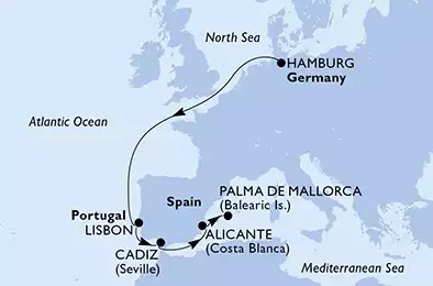Hamburg,Lisbon,Cadiz,Alicante,Palma de Mallorca
