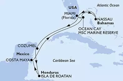 Miami,Ocean Cay,Ocean Cay,Nassau,Miami,Cozumel,Isla de Roatan,Costa Maya,Ocean Cay,Miami