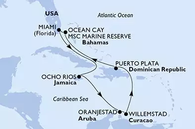 Miami,Ocho Rios,Oranjestad,Willemstad,Puerto Plata,Ocean Cay,Miami