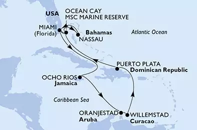 Miami,Ocho Rios,Oranjestad,Willemstad,Puerto Plata,Ocean Cay,Miami,Ocean Cay,Nassau,Miami