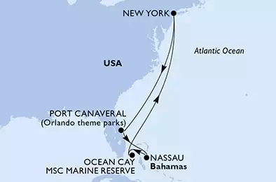 MSC MERAVIGLIA - itinerár  7 nocí odchod z New York, United States dňa 30/03/2025 - New York,Port Canaveral,Nassau,Ocean Cay,New York