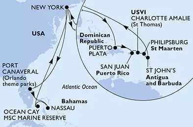 New York,Port Canaveral,Nassau,Ocean Cay,New York,Puerto Plata,San Juan,Charlotte Amalie,Philipsburg,St John s,New York