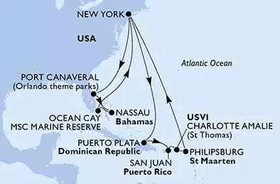 New York,Puerto Plata,San Juan,Charlotte Amalie,Philipsburg,New York,Port Canaveral,Nassau,Ocean Cay,New York