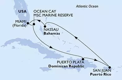 MSC SEASIDE - itinerár  7 nocí odchod z Miami, United States dňa 23/02/2025 - Miami,Ocean Cay,Puerto Plata,San Juan,Nassau,Miami