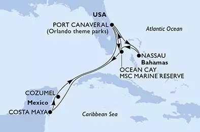 MSC SEASHORE - itinerár  10 nocí odchod z Port Canaveral, United States dňa 07/11/2024 - Port Canaveral,Nassau,Ocean Cay,Port Canaveral,Ocean Cay,Ocean Cay,Costa Maya,Cozumel,Port Canaveral