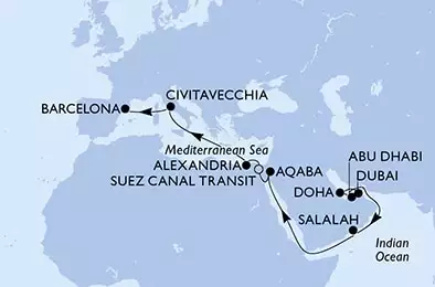 Dubai,Doha,Abu Dhabi,Salalah,Aqaba,Suez Canal South,Suez Canal North,Alexandria,Civitavecchia,Barcelona