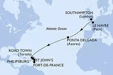 MSC VIRTUOSA - itinerár  15 nocí odchod z Southampton,United Kingdom dňa 08/11/2024 - United Kingdom,France,Portugal,Virgin Islands (British),Netherlands Antilles,Antigua and Barbuda,Martinique
