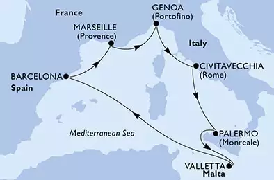MSC WORLD EUROPA - itinerár  7 nocí odchod z Barcelona, Spain dňa 08/11/2024 - Barcelona,Marseille,Genoa,Civitavecchia,Palermo,Valletta,Barcelona