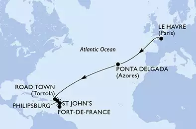 MSC VIRTUOSA - itinerár  14 nocí odchod z Le Havre, France dňa 09/11/2024 - Le Havre,Ponta Delgada,Ponta Delgada,Road Town,Philipsburg,St John s,Fort de France
