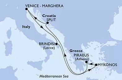 MSC ARMONIA - itinerár  7 nocí odchod z Brindisi, Italy dňa 21/07/2025 - Brindisi,Mykonos,Piraeus,Split,Venice-Marghera,Brindisi