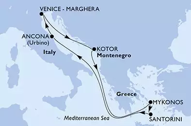 MSC LIRICA - itinerár  7 nocí odchod z Ancona, Italy dňa 02/05/2025 - Ancona,Venice-Marghera,Kotor,Mykonos,Mykonos,Santorini,Ancona