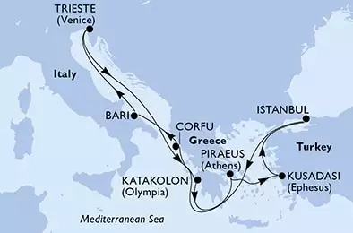 MSC FANTASIA - itinerár  9 nocí odchod z Trieste, Italy dňa 13/07/2025 - Trieste,Katakolon,Piraeus,Kusadasi,Istanbul,Corfu,Bari,Trieste